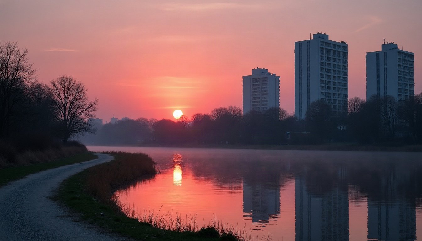 Lac de Créteil au crépuscule avec les immeubles ronds en arrière-plan