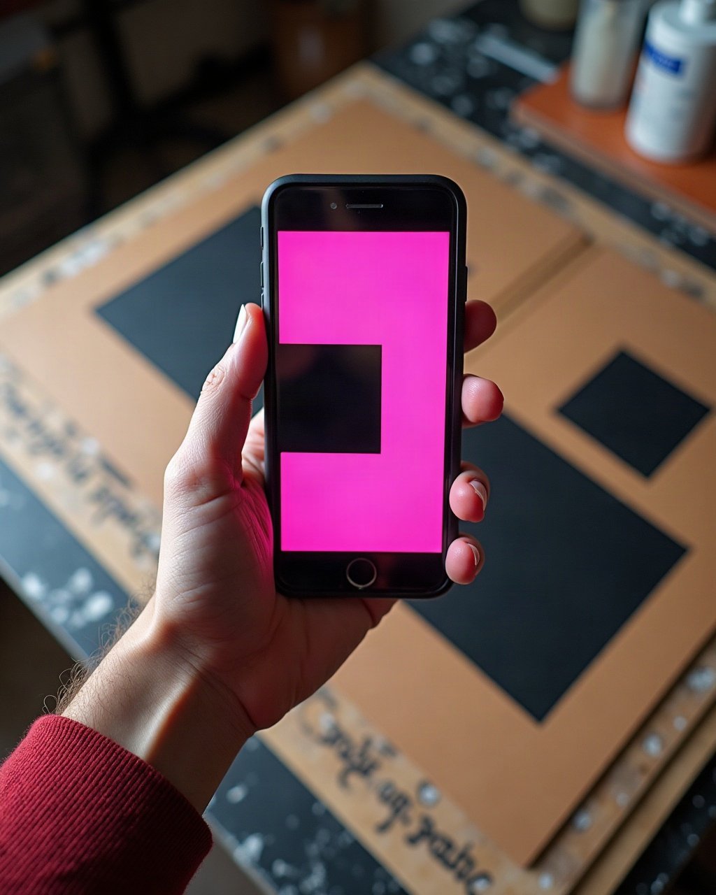 Smartphone affichant une mise en page rose et noire